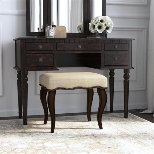 Hamilton Wood and Upholstered Backless Vanity Stool for Makeup Room and Bathroom, Burnished Oak