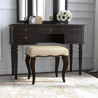 Hamilton Wood and Upholstered Backless Vanity Stool for Makeup Room and Bathroom, Burnished Oak