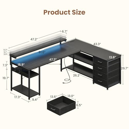 61" L Shaped Desk with Drawer, Computer Desk with Power Outlets & LED Lights, Reversible Corner Gaming Desk for Home Office Workstation, Office Desk with Monitor Shelf, Pure Black
