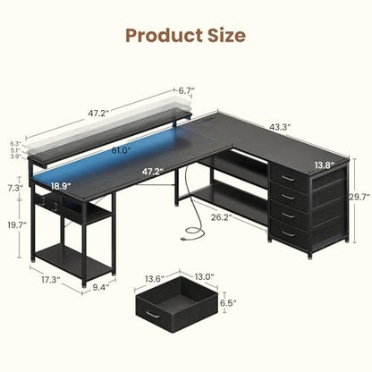 61" L Shaped Desk with Drawer, Computer Desk with Power Outlets & LED Lights, Reversible Corner Gaming Desk for Home Office Workstation, Office Desk with Monitor Shelf, Pure Black