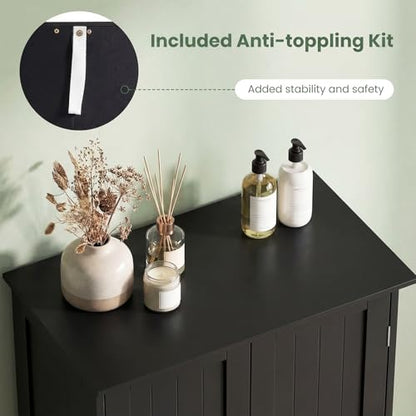 Bathroom Storage Cabinet, Freestanding Wooden Floor Cabinet with Double Doors, Adjustable Shelf, Modern Storage Organizers for Kitchen, Living Room, Entryway (Black)