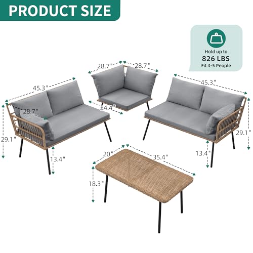 4 Pieces Sectional Sofa Couch, L-Shaped Sofa with 5 Seater for Living Room, Detachable Lounger with Thickness Cushions and Side Table - Grey