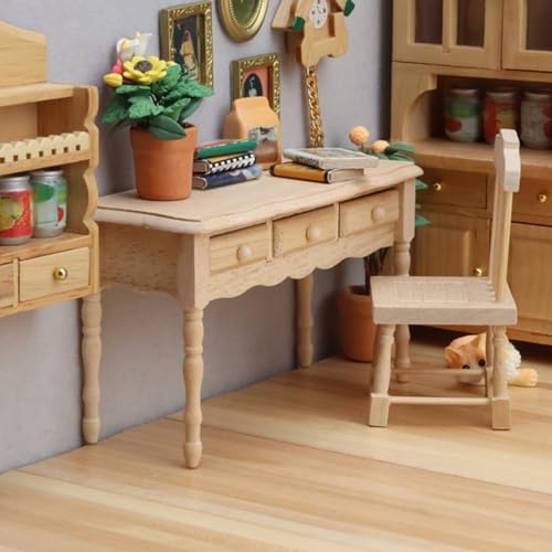 Miniature Desk Table Dollhouse Accessories Wood Furniture with Drawers Handcrafted Detailing Classic Look Suitable for Home Decoration Mini World Play 11.8cmx4.7cmx7.1cm