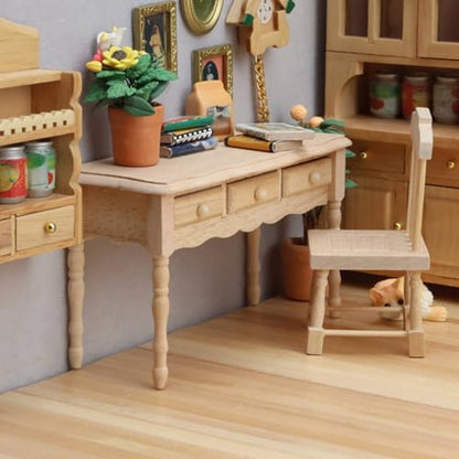 Miniature Desk Table Dollhouse Accessories Wood Furniture with Drawers Handcrafted Detailing Classic Look Suitable for Home Decoration Mini World Play 11.8cmx4.7cmx7.1cm