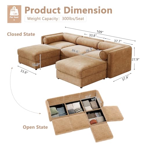 Oversized Modular Sectional Sofa, 142.5" Chenille U-Shaped Sofa with Cylindrical Backrest & Armrest, Modern Comfy 4-Seat Sofa with 2 Ottoman, Upholstered Deep Seat Couch for Living Room, Camel