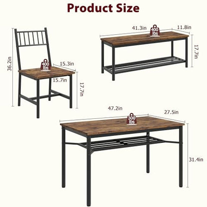 Dining Table Set for 4 with Bench and Chairs, 4-Piece Kitchen Table Set with Storage – Space-Saving Dining Table for Apartments and Dining Rooms, Brown