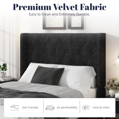 Upholstered Queen Bed Frame, 54" Tall Wingback Headboard, Black, view 6