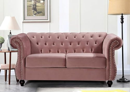 Feinstein Modern Velvet Chesterfield Couches for Living Room with Nailheads, Diamond Tufting & Durable Metal Frame, Loveseat, Rose