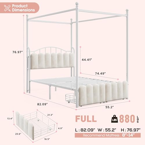Full Canopy Bed Frame with 2 Drawers and LED & Charging,White, view 3
