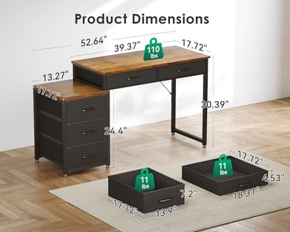 Computer Desk with 5 Drawers, 53 Inch Office Desk with Printer Shelf, Reversible Work Desk for Home Office, Writing Table Desk for Storage, Rustic Brown