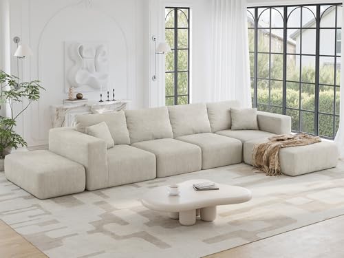 150" Oversized Boneless Sectional Couches for Living Room,Comfy Modern Modular Sectional Sofa,Extra Deep 6 Seater,Large Plush Cloud Sectional Couch,No Assembly Required,Beige Chenille