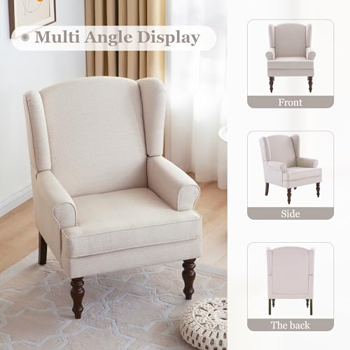 Printed Wingback Accent Chair, Linen Upholstered High Back Armchair, Comfy Reading Chair for Living Room Bedroom Study, 300lbs Weight Capacity (1, Tan with Lines)