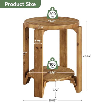 Solid Wood End Table, 2-Tier Round Wood Side Table for Living Room, Farmhouse Circle Nightstand with Storage for Bedroom, Couch, Small Spaces, Easy Assembly, Rustic Brown