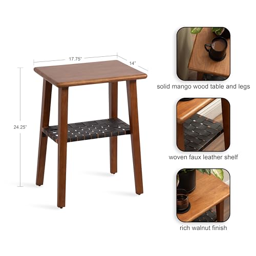 Woebeck Modern Rectangle Wood Side Table, 18 x 14 x 25, Walnut Brown and Black, Transitional Two-Tier End Table with Vegan Leather Shelf for Bedroom Nightstand or Living Room Accent