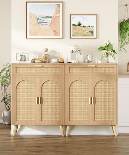 Rattan Sideboard Buffet Cabinet with Storage, Boho Sideboard with Drawer & Adjustable Shelf, Kitchen Floor Cabinet with 2 Doors & Solid Wood Feet, Coffee Bar for Entryway, Living Room, Natural Oak
