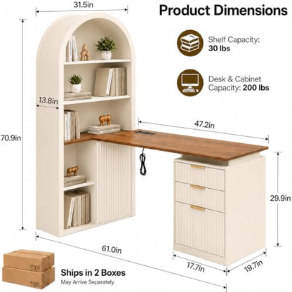 61" L Shaped Desk with Arched Bookshelf Hutch, view 3