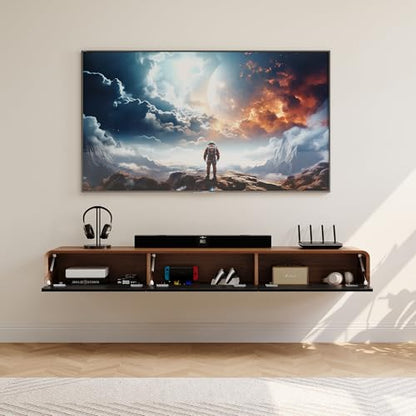 78" Fully Assembled Wood Floating TV Stand, Walnut and Black, view 4
