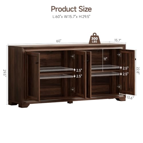 60" Buffet Cabinet with Storage, Sideboard Buffet Table Brown, view 3