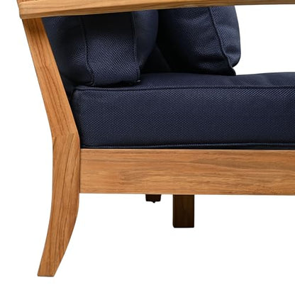 SAFAVIEH Couture Outdoor - Martinique 3-Seat Sofa - Natural & Navy - Teak Wood - Slatted Coastal Design - Ideal for Patio, Deck, Porch, Backyard, 18.3" Seat Height (CPT1013J)