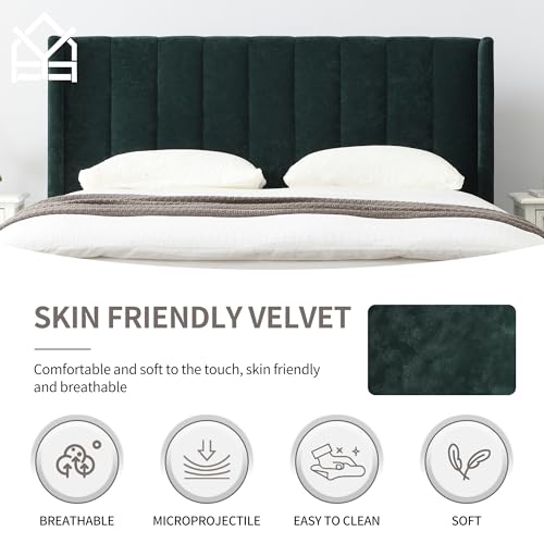 Queen Bed Frame，Platform Bed with Upholstered Headboard，Ink Green, view 6