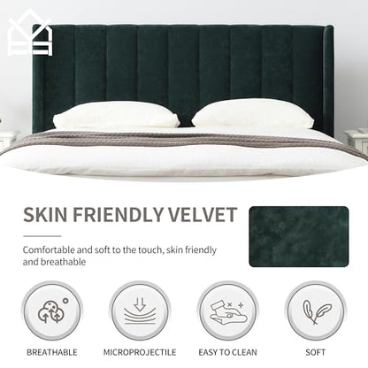 Queen Bed Frame，Platform Bed with Upholstered Headboard，Ink Green, view 6