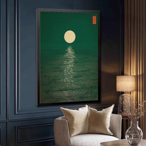 Green Zen Moon Wall Art Emerald Forest Landscape Print Mid Century Modern Minimalist Ripples Poster Oriental Calm Nature Picture for Living Room Bedroom Decor