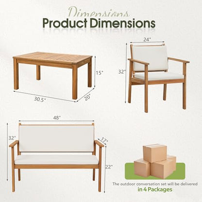 8 Piece Outdoor Furniture Set, Outdoor Table and Chairs with Comfy Cushions, Acacia Wood Patio Furniture for Porch, Patio, Garden, Poolside