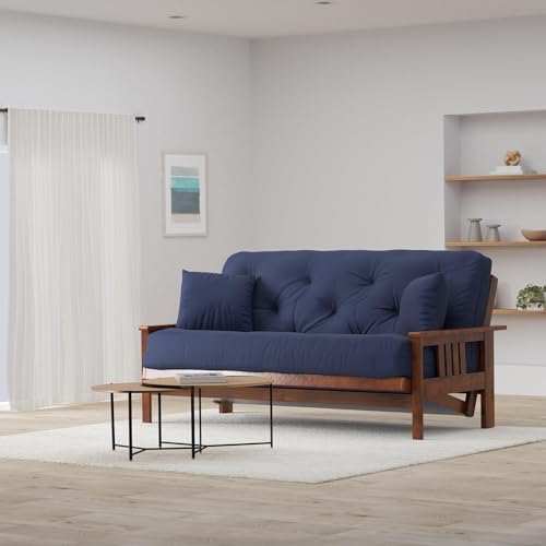Stanford Futon Set - Full Size Futon Frame with Mattress Included (8 Inch Thick Mattress, Twill Navy Blue Color), Heavy Duty Wood, Popular Sofa Bed Choice
