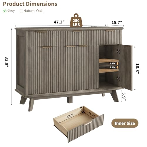Fluted Sideboard Buffet Cabinet with Charging Station, 47.2" Kitchen Storage Cabinet with Drawers and Adjustable Shelves, Modern Coffee Bar Kitchen Table for Dining Room, Living Room, Grey