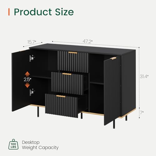 Fluted Sideboard Buffet Cabinet with Storage, 47.2" Modern Coffee Bar Station with Adjustable Shelves and Doors, Wood Accent Cupboard for Dining Room, Entryway, Living Room, Black