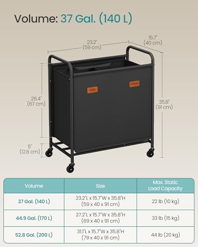 2-Section Laundry Sorter, with Wheels, Removable Bags, view 3
