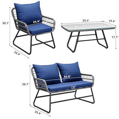 4 Piece Patio Furniture Set, Wicker Outdoor Bistro Set, All Weather Rattan Patio Conversation Set with Soft Cushions and Glass Side Table for Backyard, Balcony, Deck - Navy Blue