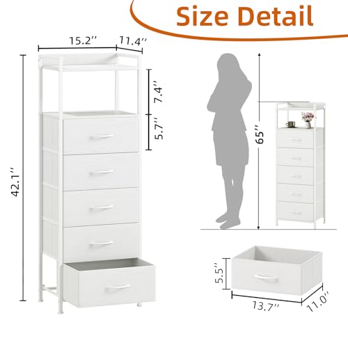 White Tall Dresser for Bedroom with 5 Drawers, Tall Nightstand, view 4