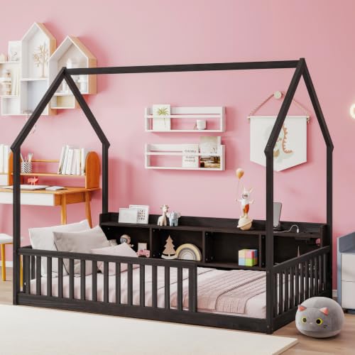 JIVOIT Twin Size House-Shaped Floor Bed with Storage Shelves, view 2