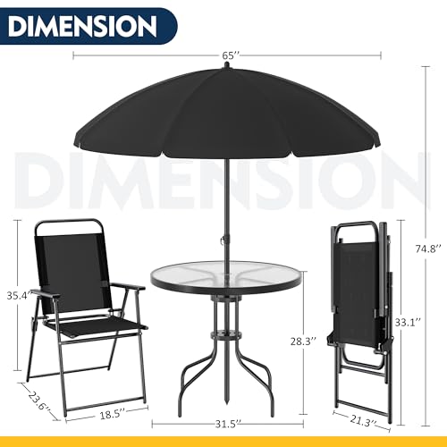 6 Piece Patio Dining Set with Umbrella, Outdoor Furniture Set with 4 Folding Chairs and Tempered Glass Top Dining Table fot Lawn Backyard Garden Porch Black
