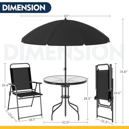 6 Piece Patio Dining Set with Umbrella, Outdoor Furniture Set with 4 Folding Chairs and Tempered Glass Top Dining Table fot Lawn Backyard Garden Porch Black