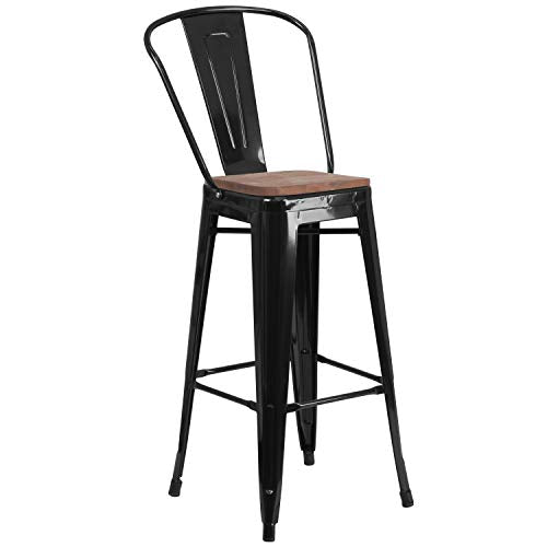 Lily 30" High Black Metal Barstool with Vertical Slat Back and Wood Seat