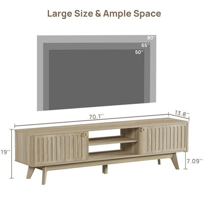 Modern TV Stand for 65/75/80 Inch TV, Long 70" TV Stand Entertainment Center with 2 Storage Cabinets, Fluted-Door Media TV Console Credenza Table for Living Room, Hallway, Light Oak