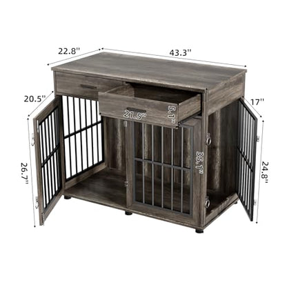 43.3" Large Dog Crate Furniture with 2 Drawers, Grey, view 3