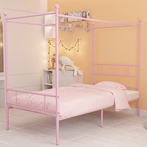 Twin Canopy Bed Frame with Headboard, Metal Twin Beds for Kids, Pink, view 7