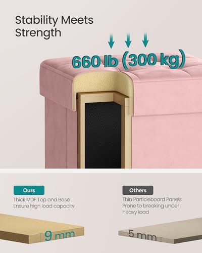 SONGMICS Small Storage Ottoman, Folding Ottoman Cube, 15 x 15 x 15.7 Inches, Footstool, Footrest, 10 Gal. (37 L), Velvet Surface, for Bedroom, Living Room, Dorm, Jelly Pink ULSF0516R01