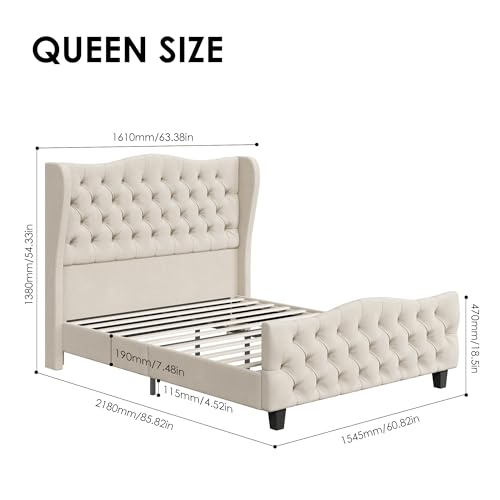 Queen Size 54.3" Tall Bed Frame with Wingback Headboard & Footboard, view 3