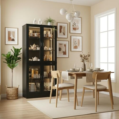 Modern Black 5-Tier Display Cabinet with Glass Doors and LED Lights, 65" Tall Storage Bookshelf, 4-Door Freestanding Curio Cabinet for Living Room, Home Office
