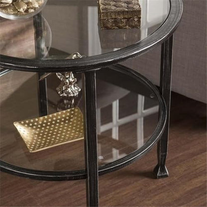 SEI Furniture Jaymes Round Glass Top Metal End Table in Black