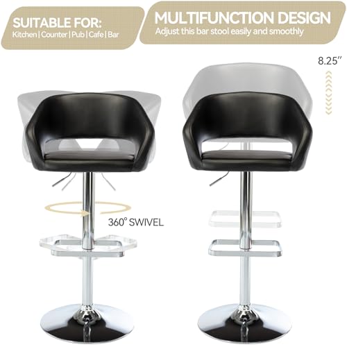 Adjustable Bar Stool with Hollow Back and Arms, Modern PU Leather Swivel Barstool, Airlift Counter Height Bar Chair for Kitchen Dining Room (Black)