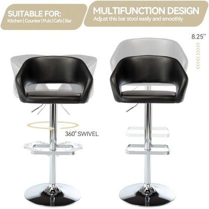 Adjustable Bar Stool with Hollow Back and Arms, Modern PU Leather Swivel Barstool, Airlift Counter Height Bar Chair for Kitchen Dining Room (Black)