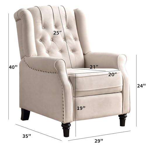 Push Back Recliner Chair,Accent Chair,Mid Century Wingback Recliner, Fabric Push Back Recliner Chair Single Armchair Sofa with Rivet Decoration, Button-Tufted Back for Living Room, White