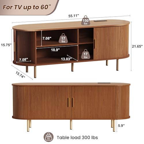 55 Inch Mid Century Modern TV Stand with Power Outlet for TVs up to 60 Inch, Entertainment Center with Storage and Adjustable Shelves, Media Console with Sliding Doors for Living Room(Walnut)