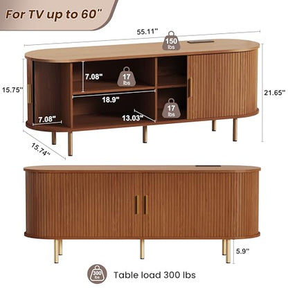 55 Inch Mid Century Modern TV Stand with Power Outlet for TVs up to 60 Inch, Entertainment Center with Storage and Adjustable Shelves, Media Console with Sliding Doors for Living Room(Walnut)