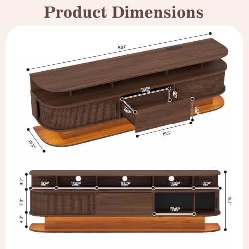 68” Fluted Mid Century Modern TV Stand LED Lights & Power Outlet (Walnut), view 3